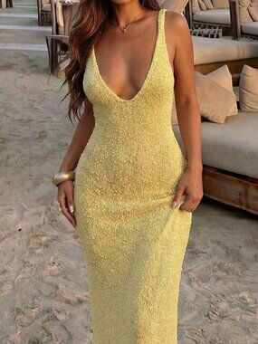 Yellow Elegant Fitted Minimalist Women's Deep V-Neck Sleeveless Knit Dress